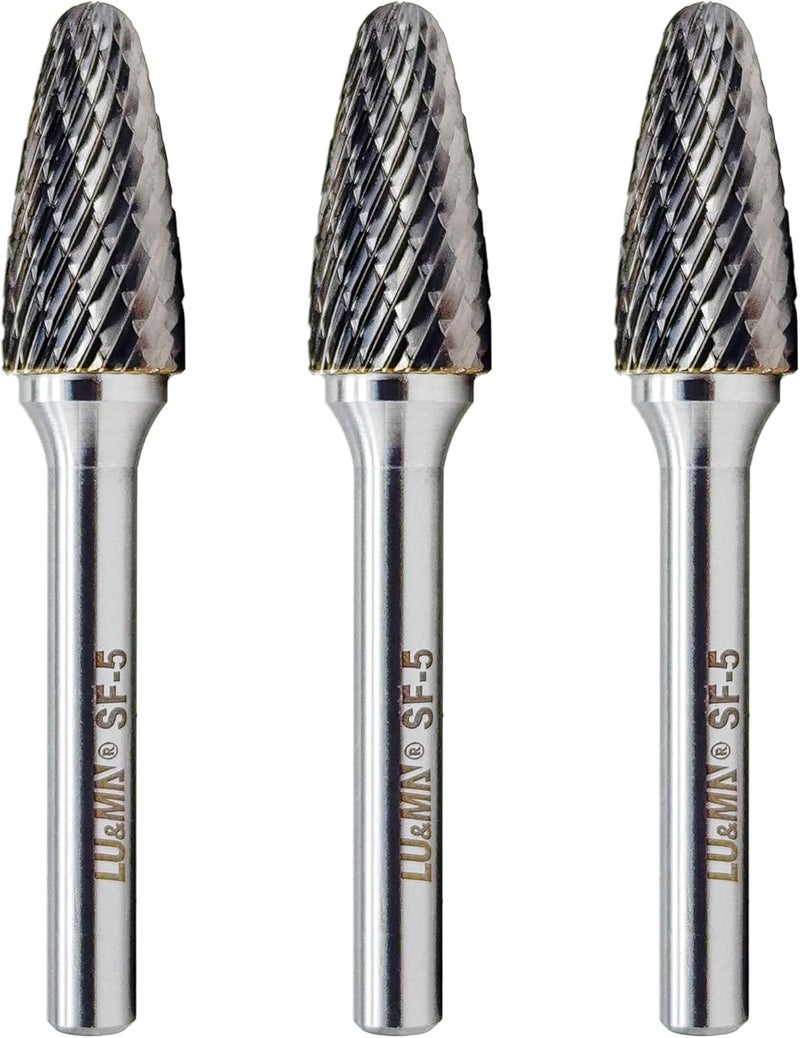 LU&MN SF-5 Tungsten Carbide Burr Tree Shape Radius End Double Cut Rotary Burr File (1/2” Cutter Dia X 1”Cutter Length) with 1/4'' Shank, 3PCS - Image 1